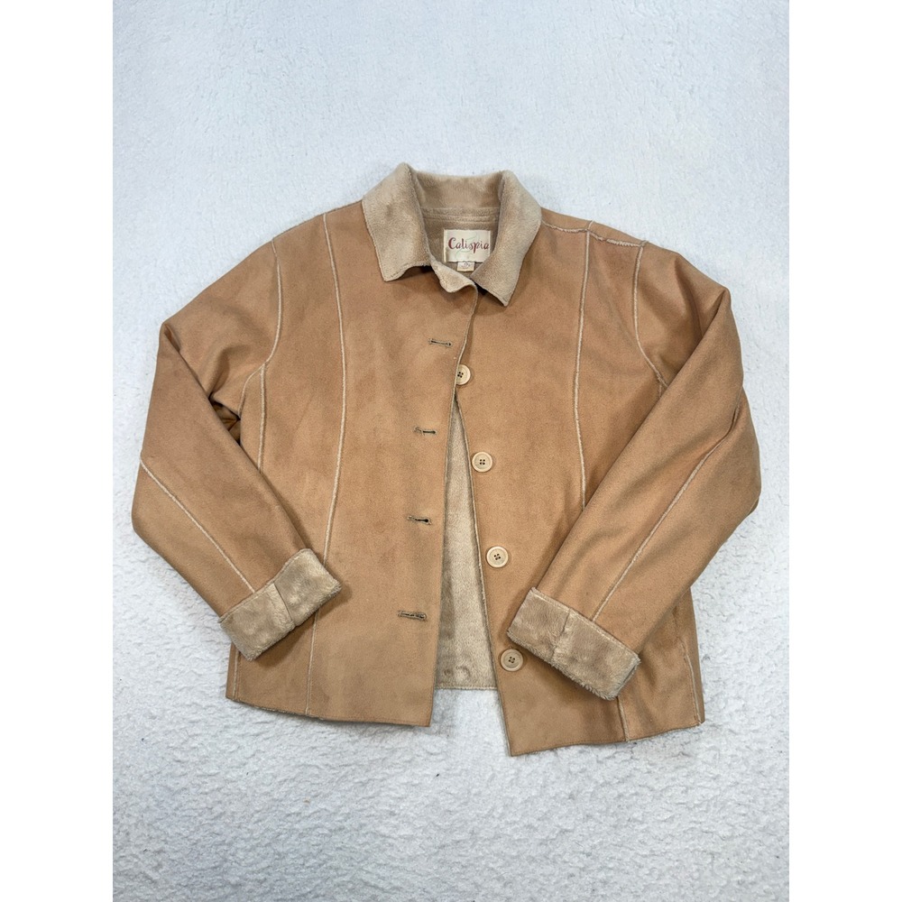 Calispia Tan Faux Suede Fur Lined Button Front Jacket XS Camel Brown Coat